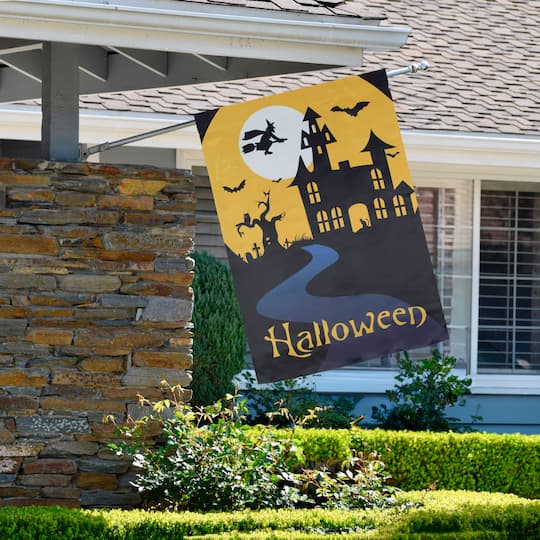 Spooky House Halloween Outdoor Garden Flag with Bats & Witch, 20" x 48"